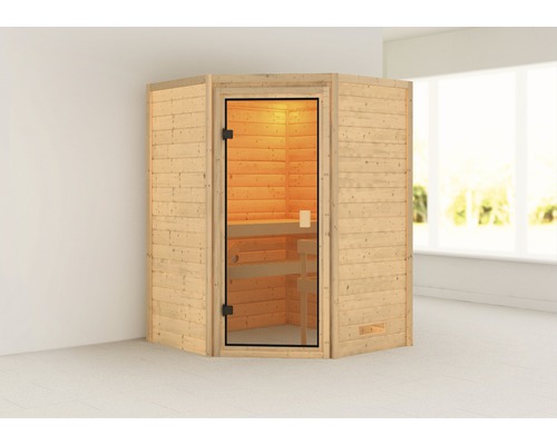 Sauna en madriers Karibu Antonia sans poêle ni couronne avec porte entièrement vitrée couleur bronze