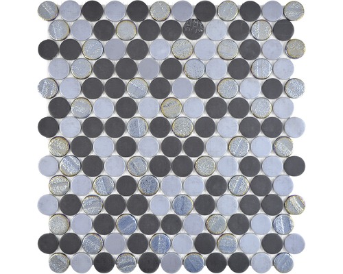 Glasmosaik ROND05 Eco mix schwarz/silber/grau 29x30 cm Mosaikfliese mit runden Elementen in Grau und mit Glasakzenten