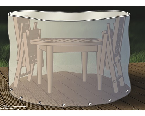 Abdeckung für Gartentisch und Stühle auf einer Terrasse