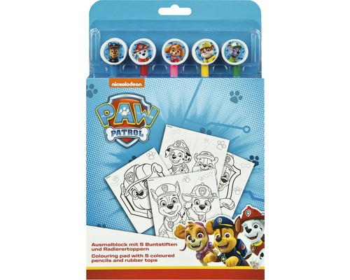 Bloc de coloriage avec cinq crayons de couleur et gommes Paw Patrol