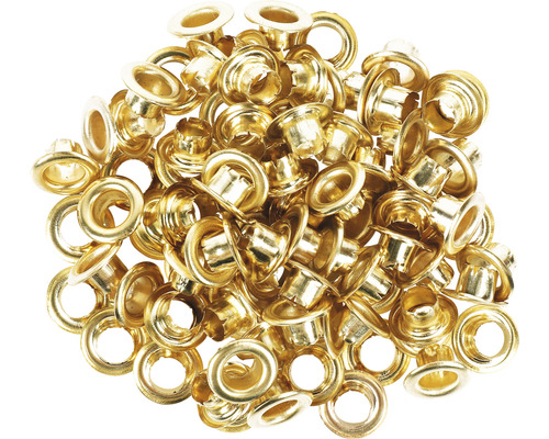 Oeillets Ø intérieur 6 mm acier chromé 100 pces Aperçu des œillets dorés pour le renforcement des matériaux.