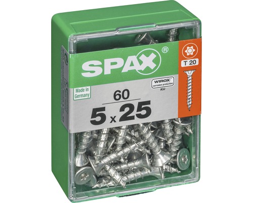 Vis à tête fraisée Spax 5 x 25 millimètres, 60 pièces dans une boîte