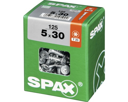 Vis Spax 5x30 millimètres, 125 pièces dans un emballage vert.