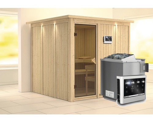 Sauna modulaire Karibu Rodina avec poêle bio 9 kW et commande ext. et couronne avec porte entièrement vitrée coloris bronze