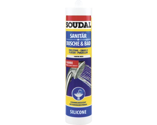 Silicone Soudal Sanitaire Douche et Bain, adapté pour l''acier inoxydable, l''émail, le carrelage et la porcelaine