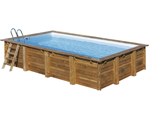 Ensemble de piscine hors sol en bois Gre rectangulaire 620x420x133 cm avec groupe de filtration à sable, skimmer, échelle, sable de filtration et intissé de protection du sol bois