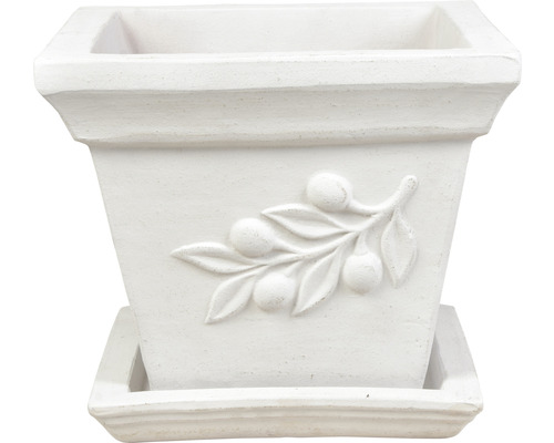 Pot de fleurs carré en terre cuite avec motif branche d''olivier et soucoupe