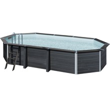 Ensemble de piscine hors sol en bois composite Gre ovale 664x386x124 cm avec groupe de filtration à sable, skimmer, échelle, sable de filtration et intissé de protection du sol gris