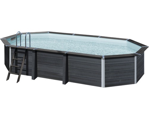 Ensemble de piscine hors sol en bois composite Gre ovale 664x386x124 cm avec groupe de filtration à sable, skimmer, échelle, sable de filtration et intissé de protection du sol gris