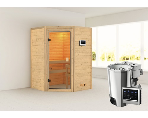 Plug & Play Sauna Karibu Antonia inkl.3,6kW Bio Ofen u.ext.Steuerung ohne Dachkranz mit bronzierter Ganzglastüre