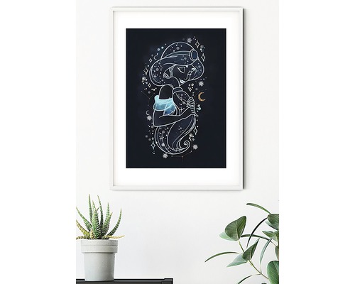 Image encadrée avec une représentation stylisée de la princesse Jasmine entourée d''étoiles et de constellations