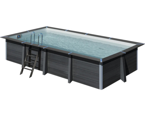 Ensemble de piscine hors sol en bois composite Gre rectangulaire 606x326x124 cm avec groupe de filtration à sable, skimmer, échelle, sable de filtration et intissé de protection du sol gris