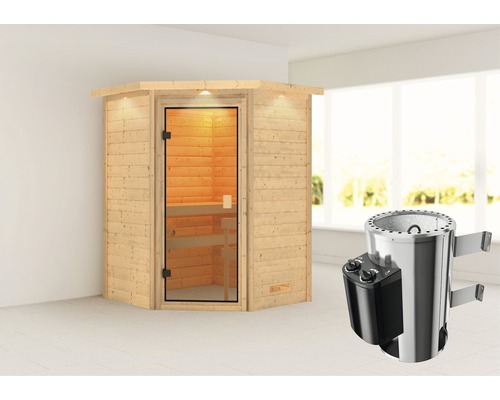 Sauna Plug & Play Karibu Antonia avec poêle 3,6 kW avec commande intégrée avec couronne et porte entièrement vitrée couleur bronze-0