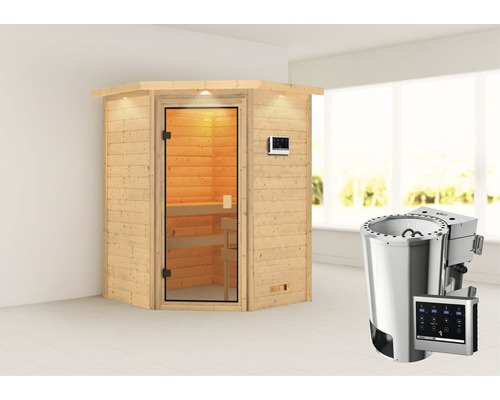 Plug & Play Sauna Karibu Antonia inkl.3,6kW Bio Ofen u.ext.Steuerung mit Dachkranz und bronzierter Ganzglastüre