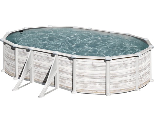 Ensemble de piscine hors sol à paroi en acier Gre ovale 634x575x132 cm avec groupe de filtration à sable, skimmer, échelle, sable de filtration et intissé de protection du sol blanc