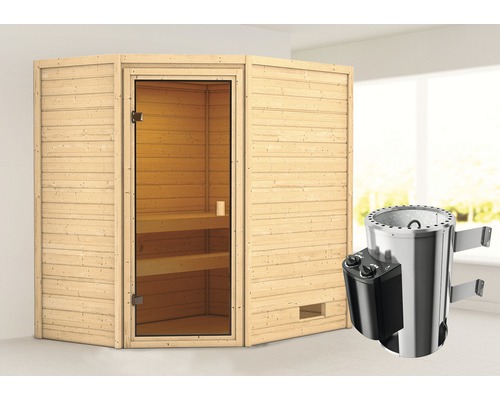 Plug & Play Sauna Karibu Jella inkl.3,6 kW Ofen u.integr.Steuerung ohne Dachkranz mit bronzierter Ganzglastüre-0