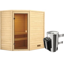 Plug & Play Sauna Karibu Jella inkl.3,6 kW Ofen u.integr.Steuerung ohne Dachkranz mit bronzierter Ganzglastüre-thumb-2