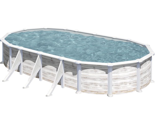 Ensemble de piscine hors sol à paroi en acier Gre ovale 744x575x132 cm avec groupe de filtration à sable, skimmer, échelle, sable de filtration et intissé de protection du sol aspect nordique