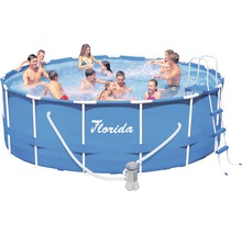 Aufstellpool mit Poolleiter, Filterpumpe und spielenden Personen im Wasser