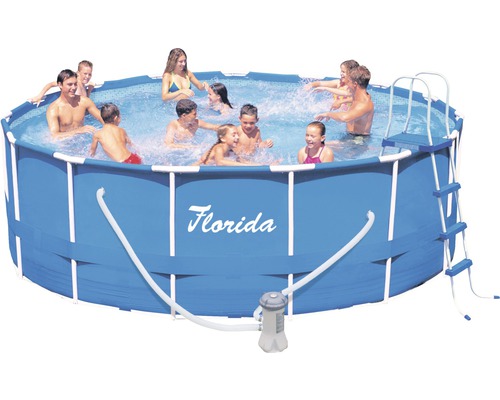 Aufstellpool Framepool Marimex Ø 457 cm 457 x 457 x 122 cm 16600 l blau inkl. Leiter Aufstellpool mit Poolleiter, Filterpumpe und spielenden Personen im Wasser