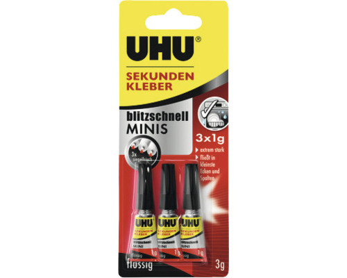 Colle instantanée UHU ultrarapide Minis blister 3 x 1 g Uhu mini colle instantanée, 3 fois 1 gramme, liquide, en blister