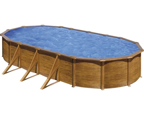 Ensemble de piscine hors sol à paroi en acier Gre ovale 744x575x122 cm avec groupe de filtration à sable, skimmer, échelle et sable de filtration aspect bois