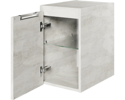 Armoire suspendue avec porte ouverte et étagère en verre pour salle de bain