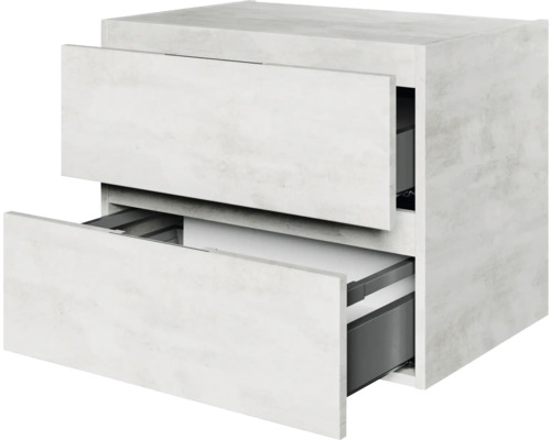 Meuble sous-lavabo avec deux tiroirs ouverts