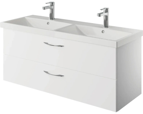 Meuble-lavabo blanc avec deux tiroirs et deux lavabos