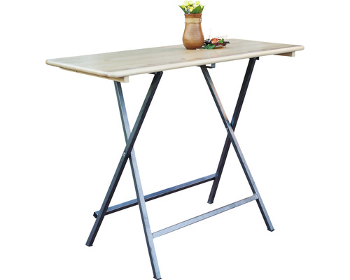 Table haute 120 x 80 x 110 cm avec plateau en bois d’épicéa et cadre en métal Table pliante avec structure métallique et plateau en bois