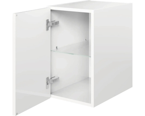 Armoire murale blanche ouverte avec une étagère en verre