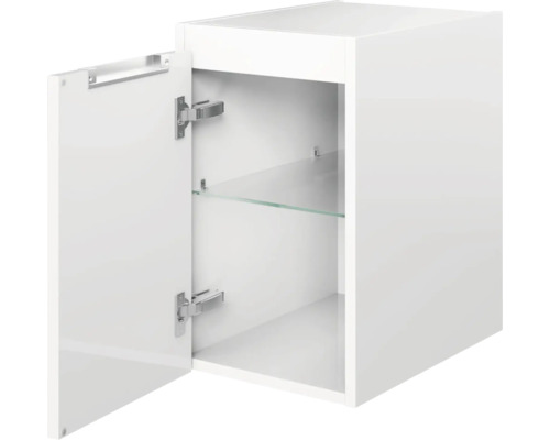 Meuble bas suspendu blanc avec porte et étagère en verre