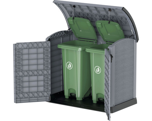 Mülltonnenbox mit zwei grünen Mülltonnen