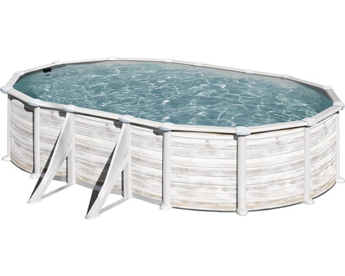 Ensemble de piscine hors sol à paroi en acier Gre ovale 527x500x132 cm avec groupe de filtration à sable, skimmer, échelle, sable de filtration et intissé de protection du sol aspect nordique