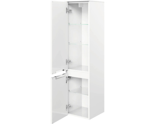 Weißer Badezimmer-Hochschrank mit offenen Türen und Glasböden
