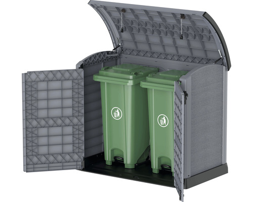 Mülltonnenbox mit zwei grünen Mülltonnen