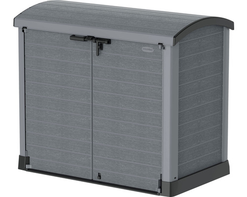 Graue Gartenbox aus Kunststoff mit abschließbarer Tür zur Aufbewahrung im Außenbereich