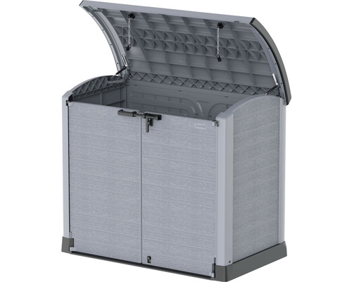 Geöffnete graue Gerätebox zur Aufbewahrung im Aussenbereich