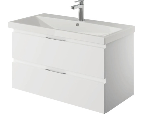 Waschtischunterschrank mit zwei Schubladen und einem Waschbecken mit Armatur