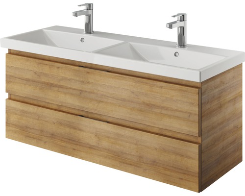 Meuble sous-lavabo avec deux vasques et deux tiroirs au design bois
