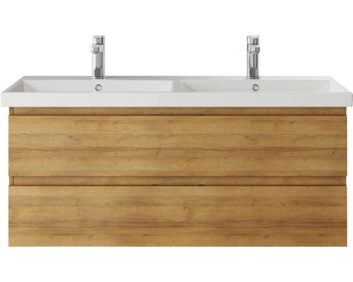 Meuble sous-vasque avec deux lavabos et aspect bois