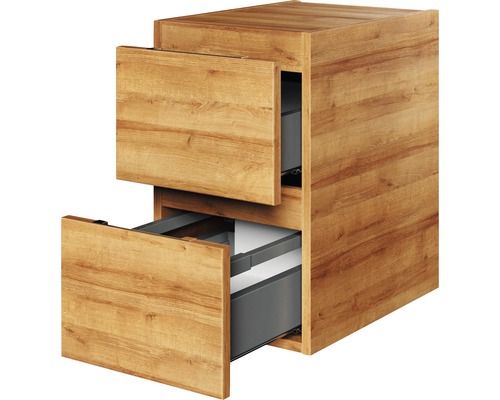 Meuble sous-lavabo couleur bois avec deux tiroirs ouverts