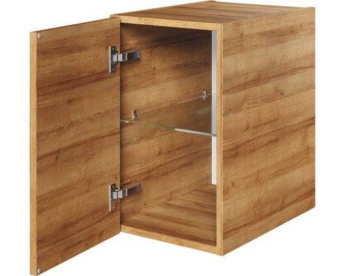 Armoire murale avec porte ouverte et étagère en verre