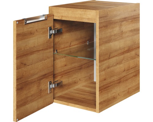 Armoire suspendue avec porte ouverte et étagère en verre