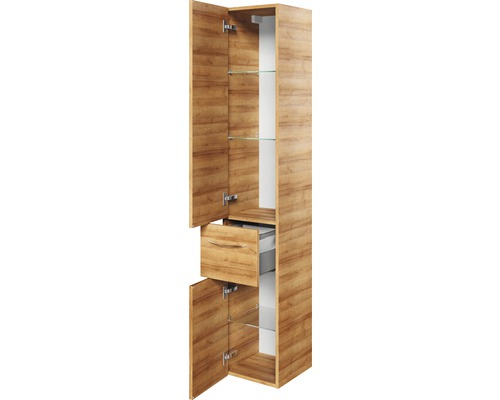 Armoire haute avec portes ouvertes, un tiroir et des étagères en verre