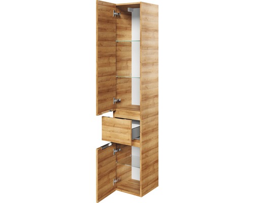 Armoire en bois ouverte avec étagères et tiroir