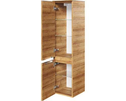 Offener Hochschrank mit Holzmuster und Glasböden