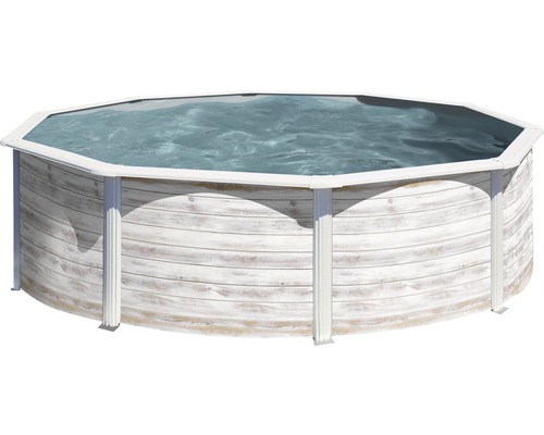 Ensemble piscine hors sol à paroi en acier Gre rond Ø 480x122 cm avec groupe de filtration à sable, skimmer, échelle et sable de filtration blanc