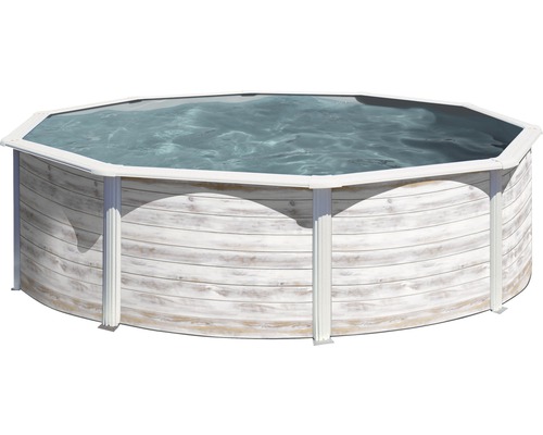 Ensemble piscine hors sol à paroi en acier Gre rond Ø 370x122 cm avec groupe de filtration à sable, skimmer, échelle et sable de filtration blanc