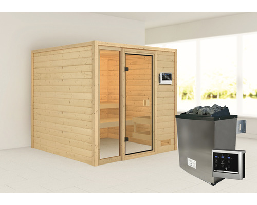 Sauna en bois massif Karibu Jutta avec poêle 9 kW et commande externe sans couronne avec porte entièrement vitrée couleur bronze